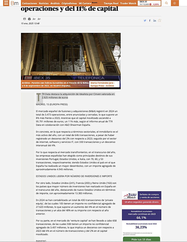 Economa.- El mercado espaol de fusiones y adquisiciones registra un alza del 8% de operaciones y del 11% de capital